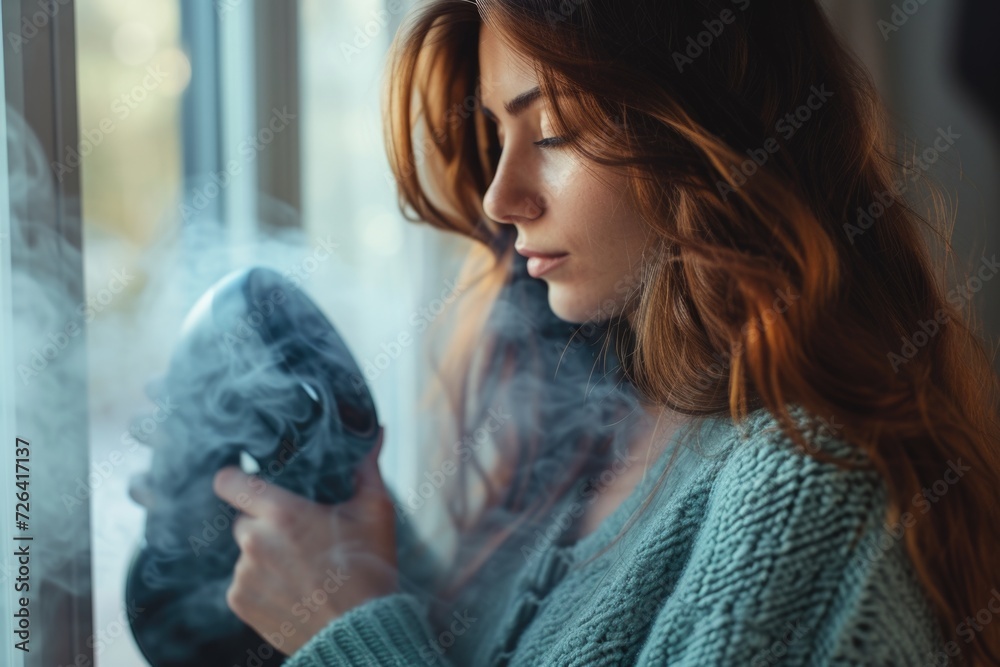 A woman holding a blow dryer in front of a window. This image can be used to illustrate personal grooming or getting ready in the morning A woman holding a blow dryer in front of a window. This image can be used to illustrate personal grooming or getting ready in the morning