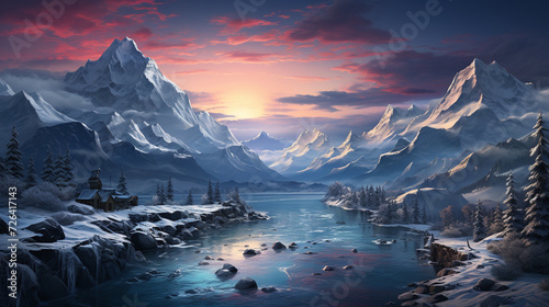 Beautiful winter scene, mountains, frozen lake © Daniel