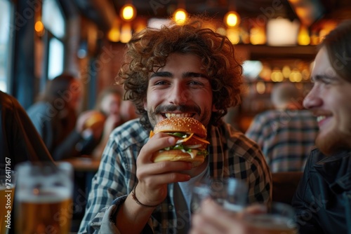 Pals enjoying beer and hamburgers in a bar. Generative Ai.
