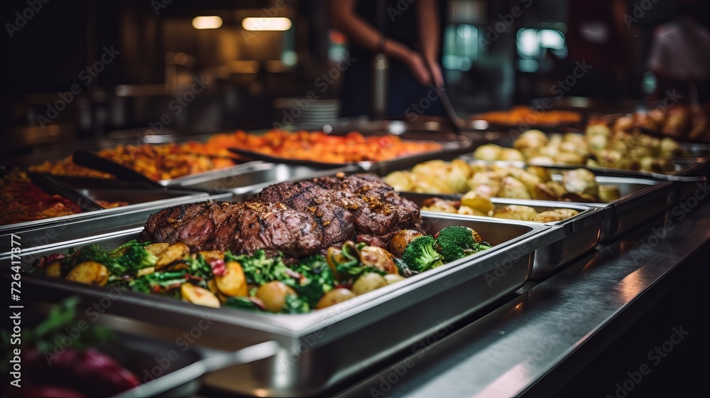 Obraz premium Indoor buffet catering with colorful fruits, vegetables, and meats for people group in restaurant