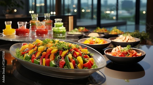 Colorful indoor buffet. group catering with meat  fruits  and vegetables in a restaurant