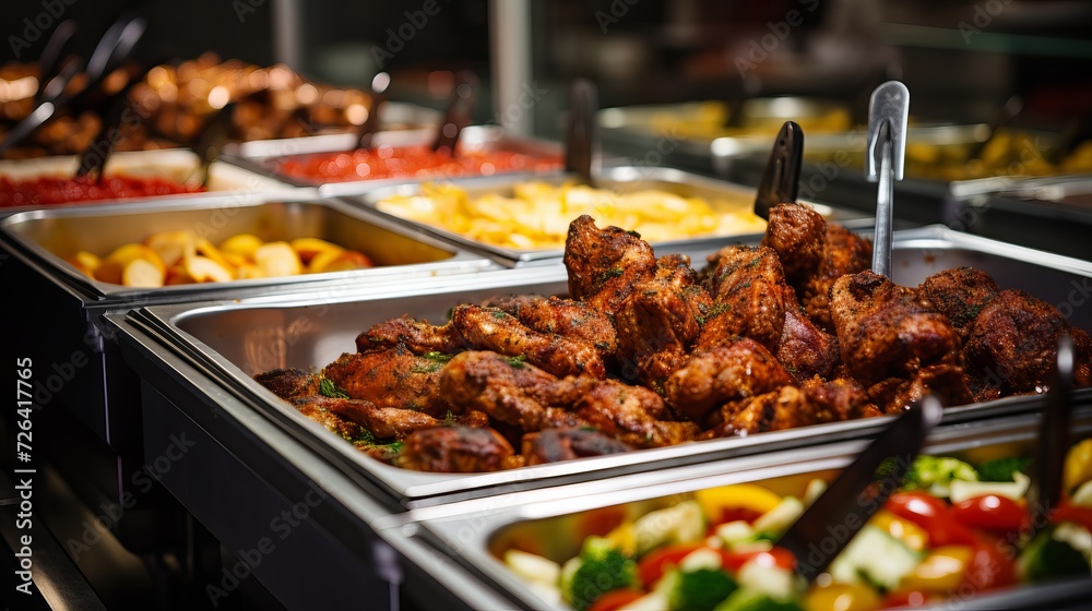 Catering group serving colorful buffet with meat, fruits, and vegetables in indoor restaurant