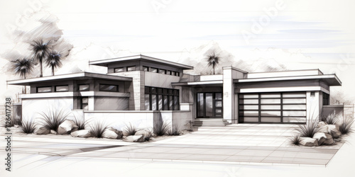 3d render of modern cozy house. Architectural sketch illustration drawing. Black and white