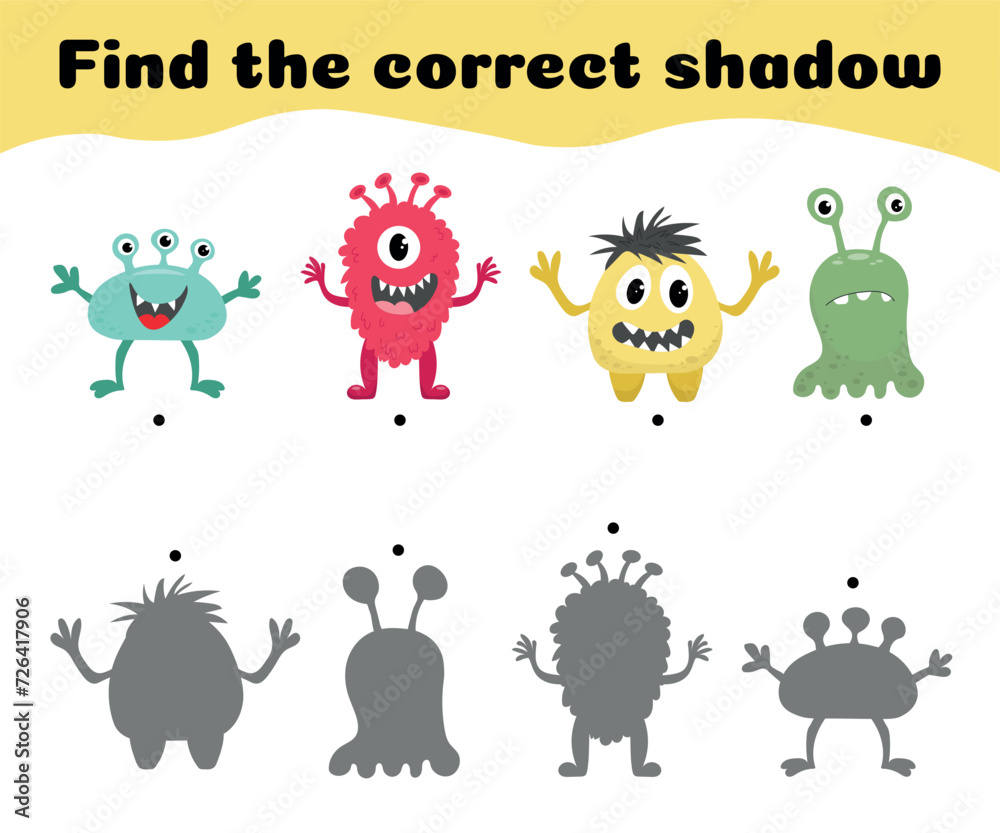 Fototapeta premium Find correct shadow of monsters. Educational game for children. Shadow matching game. Mindfulness activity for kids: aliens and silhouettes.Vector illustration.