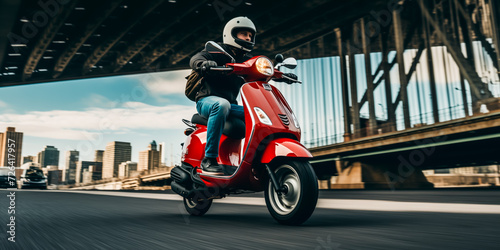 Person riding red scooter under bridge in urban setting