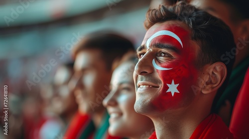 Excited turkey flag face painted man at football stadium, blurry background with copy space photo