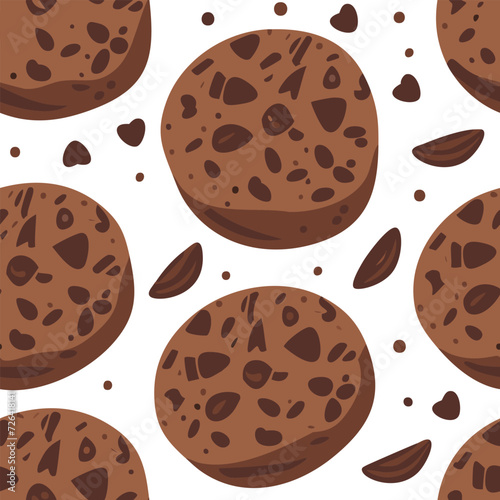 Chocolate chip cookies seamless pattern. Vector illustration in cartoon style on white background. For print, textile, web, home decor, fashion, surface, graphic designe (ID: 726418141)