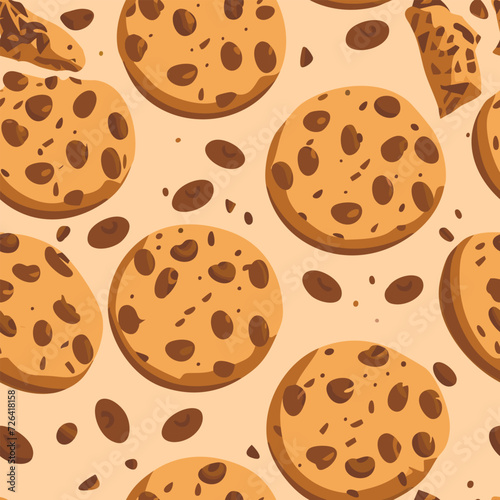 Seamless pattern with chocolate chip cookie. Background with freshly baked choco cookie. Food pattern. (ID: 726418158)