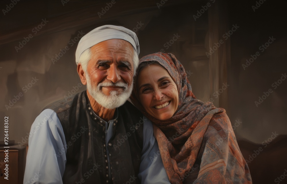 A traditional elderly Islamic couple embraces the joy of Ramadan, embodying the cultural richness and spiritual connection during the sacred days of celebration.Generated image