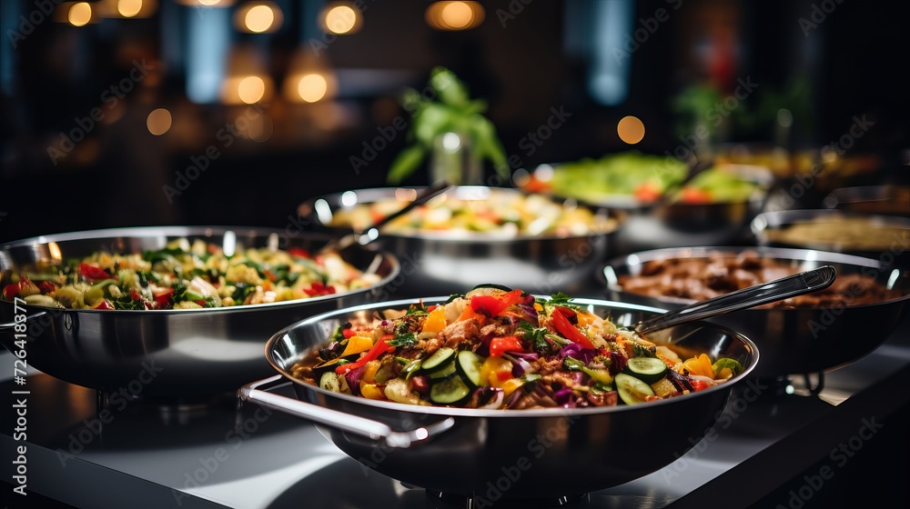 Fototapeta premium Indoor catering. people group enjoying colorful buffet with meat, fruits, and vegetables