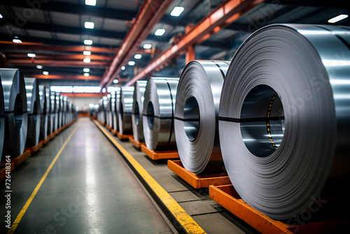 large metal coils at a manufacturing plant, showcasing the production of steel sheets
