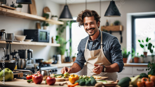 A food content creator in a kitchen smiles, wearing shirt and apron, preparing a meal with fresh fruits, vegetables and ingredients.