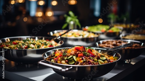Indoor catering. people group enjoying colorful buffet with meat, fruits, and vegetables