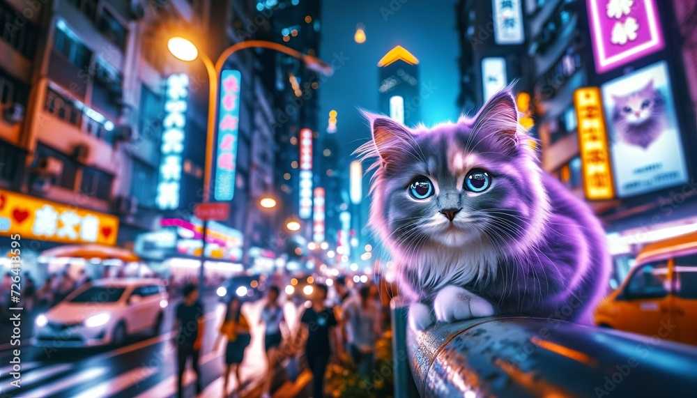 Curious purple kitten gazes at neon city lights, its fur a soft heather against the urban night's electric blues and vibrant atmosphere. - obrazy, fototapety, plakaty 