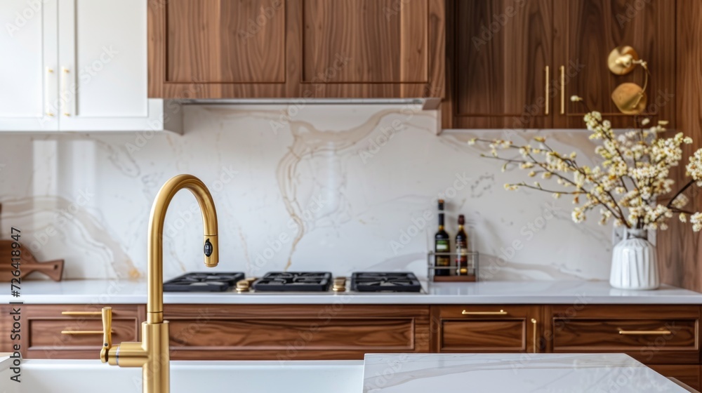 A modern kitchen with a sleek marble counter top and a luxurious gold faucet. Perfect for showcasing elegant home designs. A modern kitchen with a sleek marble counter top and a luxurious gold faucet. Perfect for showcasing elegant home designs.