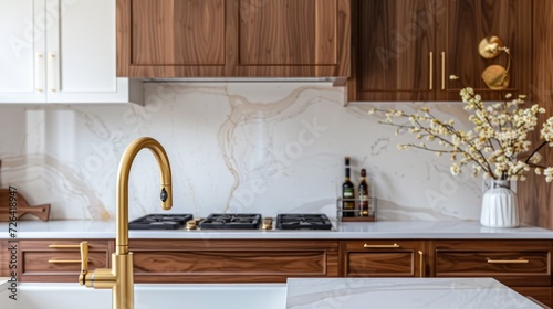 A modern kitchen with a sleek marble counter top and a luxurious gold faucet. Perfect for showcasing elegant home designs.