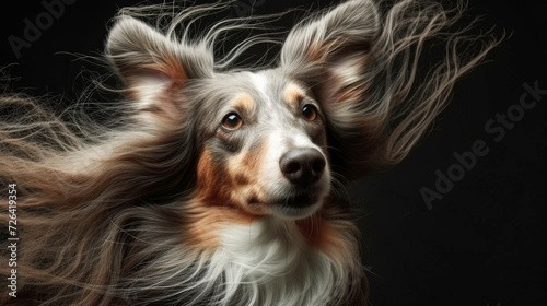 A dog with long hair blowing in the wind in style of fashion editorial. Dog coat on dark background. Grooming photo