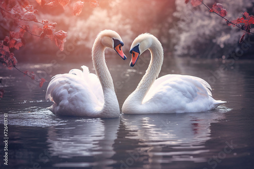 Ttwo swans create a heart-shaped moment on a tranquil lake. Majestic and graceful, their bond symbolizes the beauty of natural devotion