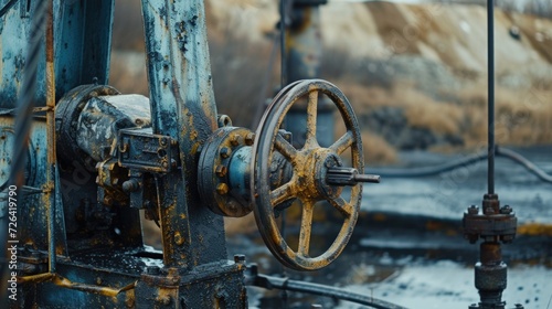 An up-close view of an old rusty machine. This picture can be used to depict industrial decay or vintage machinery.