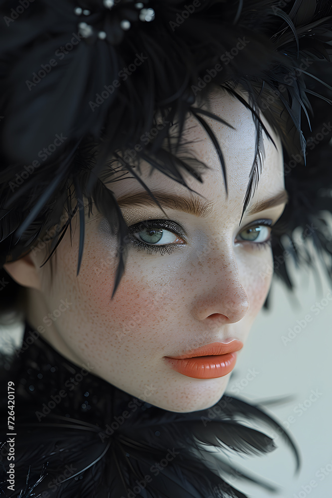 Portrait professional photograph of an extremely beautiful female model with vantablack color and black feathers. Portrait professional photograph of an extremely beautiful female model with vantablack color and black feathers.