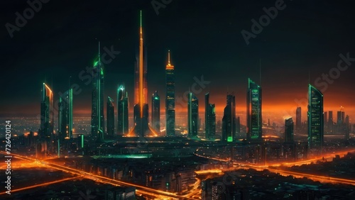 Sci-fi City Skyline with Orange and Green Neon lights. Night scene with Futuristic Skyscrapers. generative, ai.