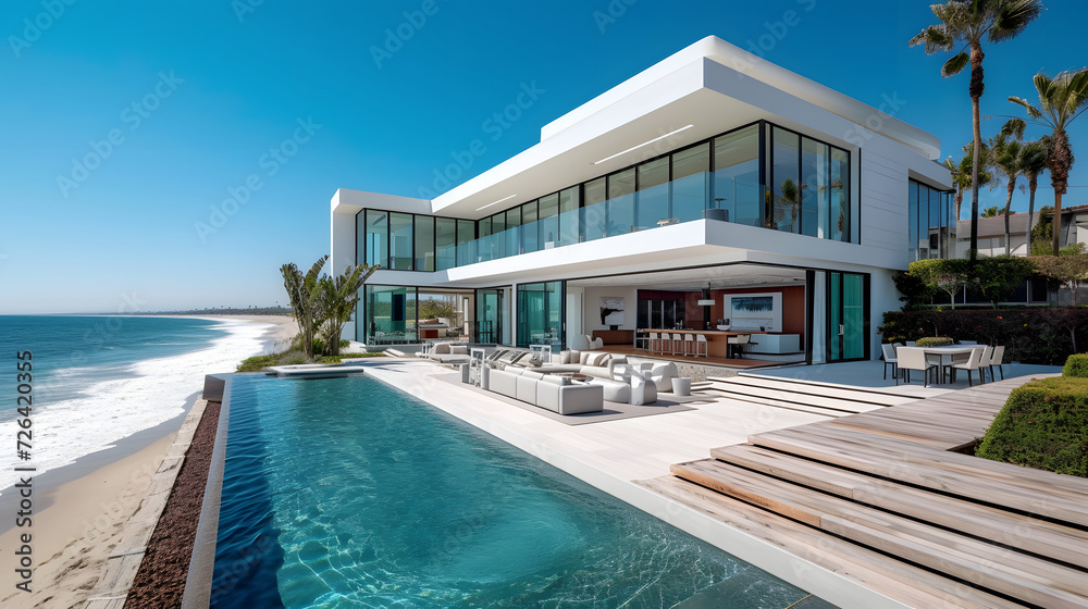 beautiful home on the beach, a white beach house mansion, modern design, big glass windows with a lot of detail