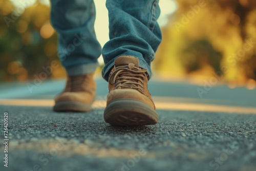 A close up view of a person walking on a road. Suitable for various applications