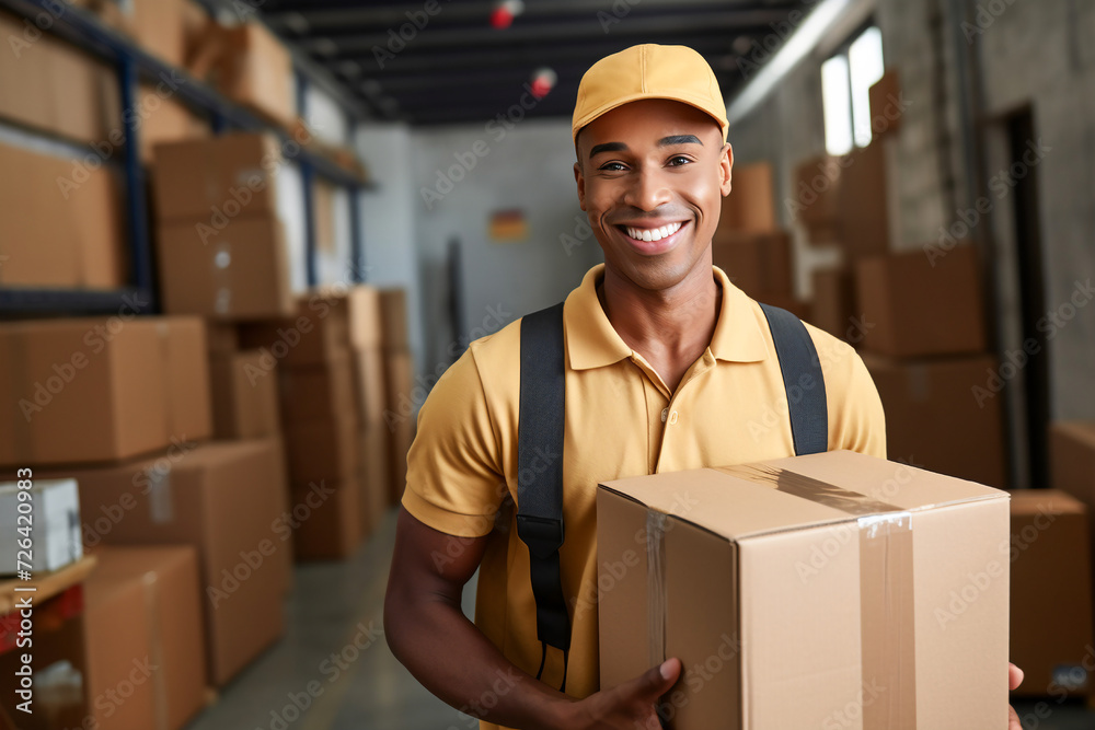 Smiling postal worker holding a cardboard box, ready for efficient and friendly delivery service. Representing reliability and care in shipping Smiling postal worker holding a cardboard box, ready for efficient and friendly delivery service. Representing reliability and care in shipping
