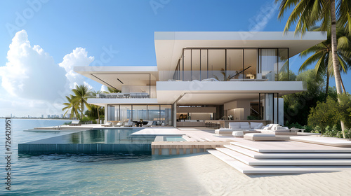 beautiful home on the beach, a white beach house mansion, modern design, big glass windows with a lot of detail © Lucky Vision