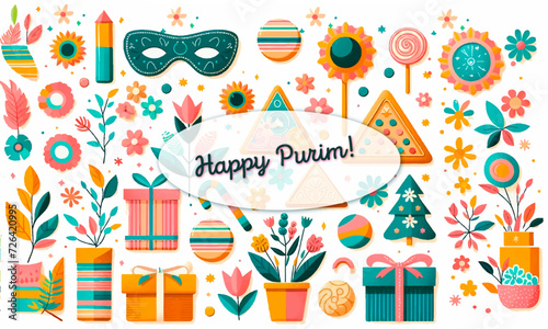 Happy Purim, colorful background with holiday elements, masks and confetti, gifts