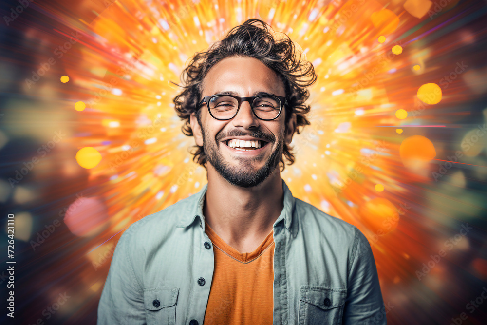 Smiling man on a vibrant background, exuding confidence and positivity. A colorful portrait capturing joy and urban style.