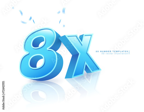 Blue number 8x template. Isolated on white background. 3D vector illustration.