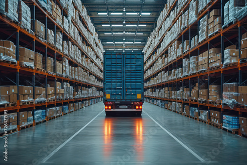 Truck loaded with shipping boxes in warehouse compartment: logistics and delivery. Top view. photo