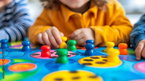 Close up of children s hands actively engaged in playing a colorful and exciting board game © Ilja