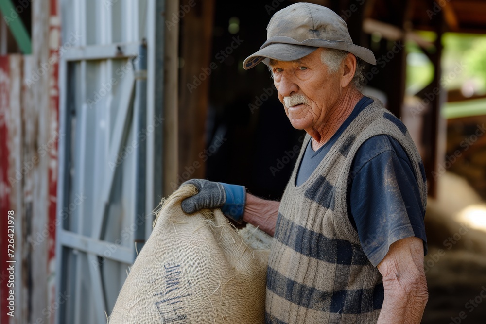 senior with gloves carrying a feed sack near coup senior with gloves carrying a feed sack near coup