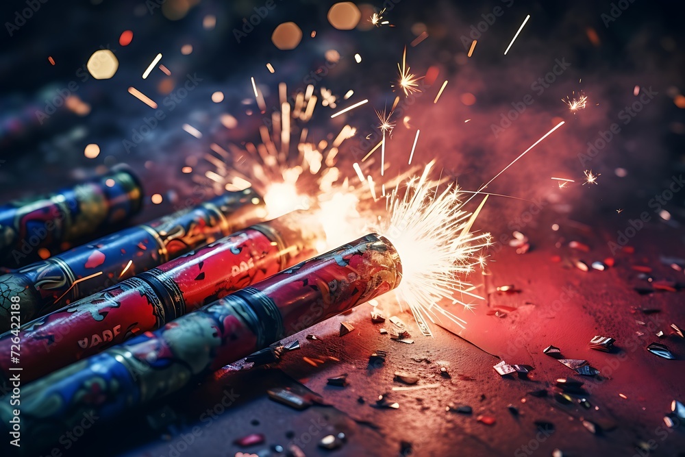 a family lighting firecrackers and fireworks to ward off evil spirits and welcome the New Year with excitement and noise. - obrazy, fototapety, plakaty 