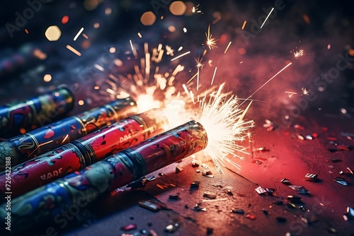 a family lighting firecrackers and fireworks to ward off evil spirits and welcome the New Year with excitement and noise. photo