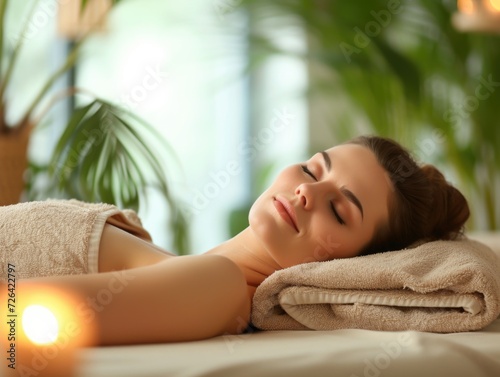 Beautiful young woman lying on massage bed in spa salon, relaxing atmosphere