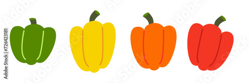 Set of colourful bell peppers. Yellow, green, orange and red bell pepper. Illustration of capsicum. Healthy fresh vegetables. Cartoon vector flat graphic. 