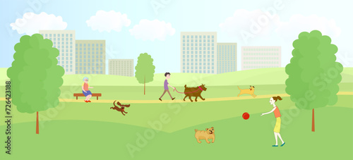  People and dogs in a city park. Vector image.