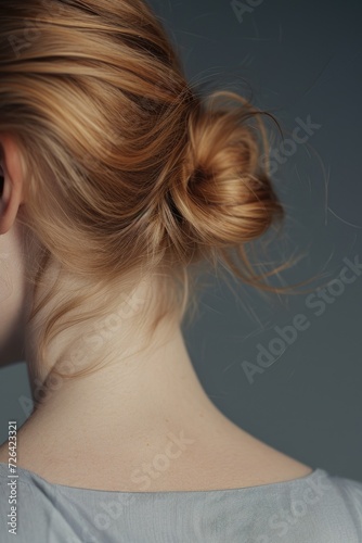 A woman with her hair styled in a bun. This image can be used for beauty, fashion, or hairstyling related content
