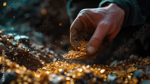 A person is holding a spoon filled with shiny gold. This image can be used to represent wealth, success, or financial abundance