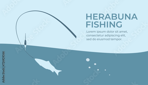 Fishing and active hobby. Herabuna fishing rod and float . Fish biting a lure. Float fishing on bait on the lake or river. Leisure. Оutdoor recreational. Vector illustration flat design. Isolated photo