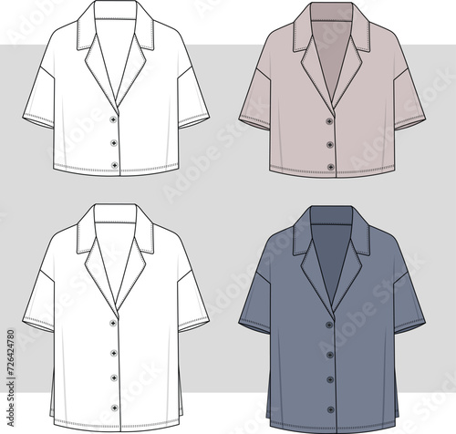 unisex Shirt technical fashion illustration with relaxed silhouette, retro camp collar,front button fastenings, short sleeves. women men oversize t shirt flat sketch vector illustration technical draw