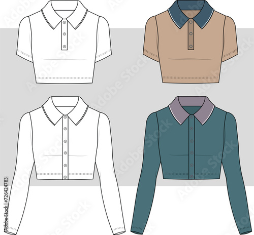 Polo shirt cropped technical fashion illustration with cotton-jersey short sleeves, long sleeves, oversized, buttons along the front. Women polo crop t shirt vector set.