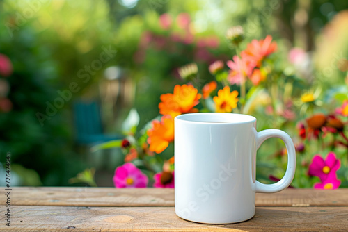 Mock up of a white color 11oz Mug in Flower Garden background, product mockup