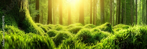 Magical summer forest with bright sun rays creating a serene and tranquil nature background