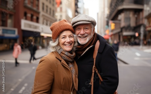 In the heart of the city, this senior couple shares a romantic stroll, immersed in the urban charm, capturing the timeless essence of their enduring love amidst the bustling streets.Generated image