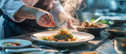 gourmet dish being prepared in a high-end restaurant kitchen photo