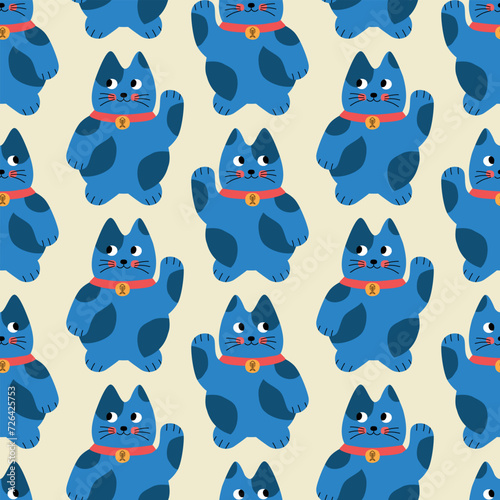 Funny lucky cat hand drawn vector illustration. Cute Japanese maneki neko seamless pattern for kids fabric or wallpaper.